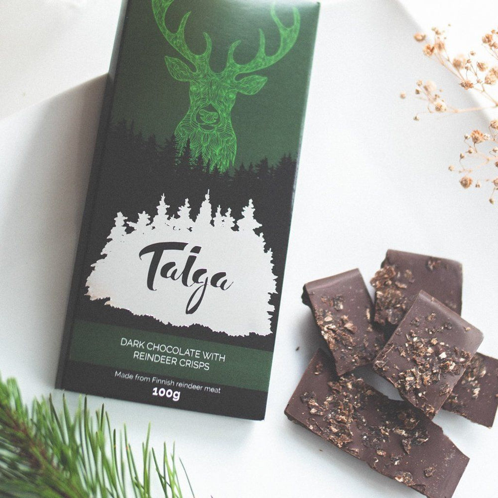 
            
                Load image into Gallery viewer, Taiga&amp;#39;s Dark Chocolate With Reindeer Crisps 100g -50% (Best before date: the 2nd of August) Dark chocolate Taiga chocolate 
            
        